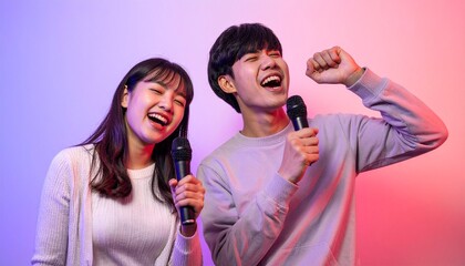 カラオケで歌う男女