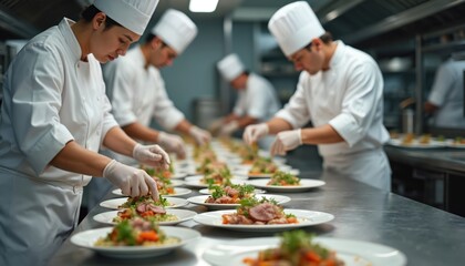 Busy restaurant chefs preparing dishes. Chefs in white uniforms, gloves prepare plates with food. Culinary teamwork, pro occupation, working in cafe kitchen.