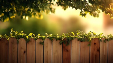 Fototapeta premium Wooden Fence with Green Overgrowth in Sunset Sunlight