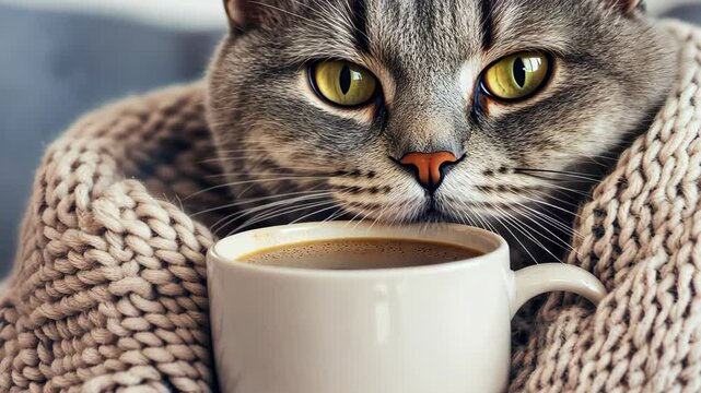 Cozy Cat & Coffee: A serene feline enjoys a warm cup of coffee, wrapped snugly in a soft blanket, embodying the perfect moment of relaxation and comfort.