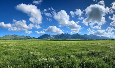 Fototapeta premium Panoramic natural landscape with green grass field, blue sky with clouds and mountains in background