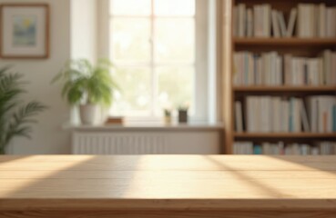 Cozy home library with wooden table. Bookshelves, natural light through window, indoor plants, and warm inviting environment. Perfect for reading and studying. Home interior design in sunlight.