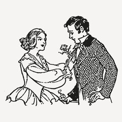 A vintage black-and-white ink illustration of a romantic couple in period clothing, the woman offering flowers to the man in a classic, historical art style.
