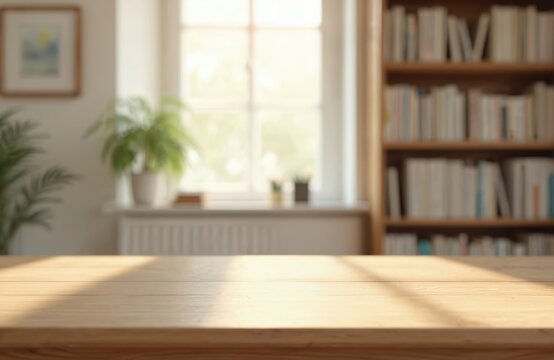 Cozy home library with wooden table. Bookshelves, natural light through window, indoor plants, and warm inviting environment. Perfect for reading and studying. Home interior design in sunlight.