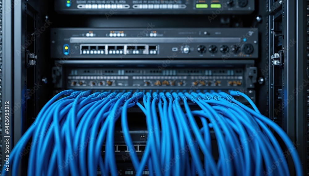 Poster network server cabinet with blue cables connecting various network devices, indicating active setup.