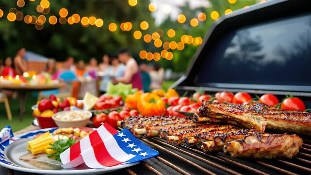 Backyard BBQ Bonanza: A mouthwatering display of grilled meats and fresh produce awaits, as friends and family gather under the warm glow of string lights to enjoy the perfect summer barbecue. 