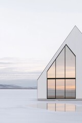 A contemporary minimalist house stands gracefully, its sleek architectural lines mirrored perfectly in the still, frozen lake at sunset, amidst a tranquil winter landscape