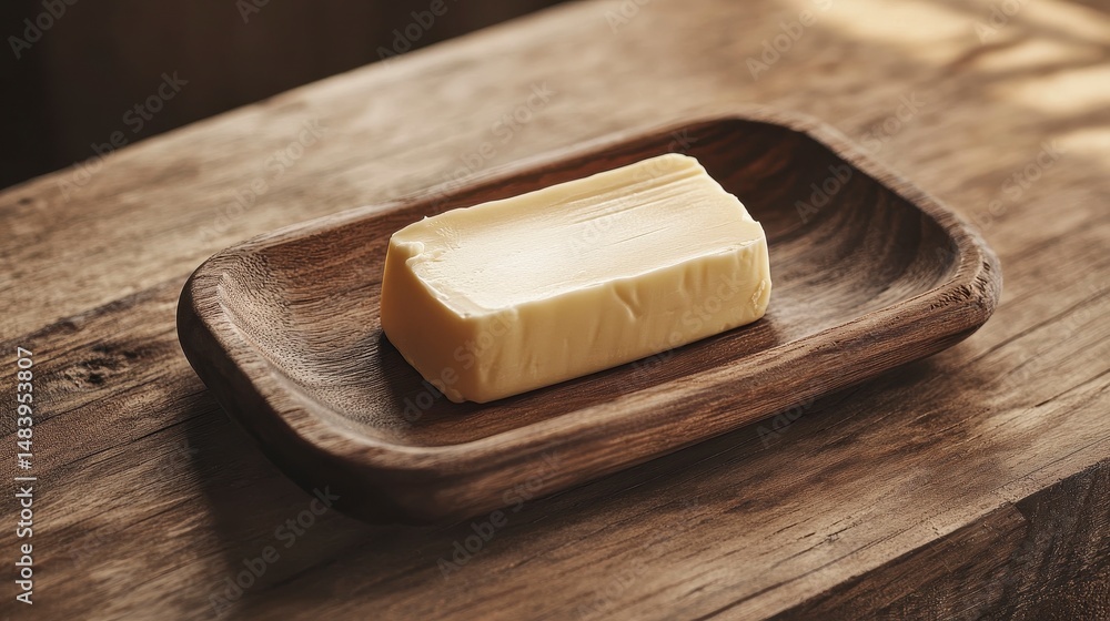Poster a block of butter sits on a rustic wooden dish.