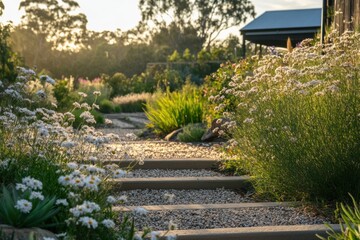 Obraz premium Pathway through a blooming garden in the late afternoon sun with a tranquil atmosphere and soft shadows from nearby trees