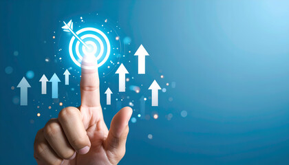 Fingertip activates target arrow, signifying upward growth and achievement