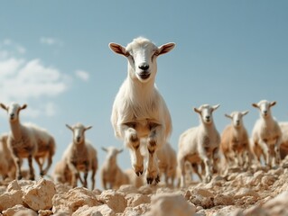 Fototapeta premium Herd of goats climbing rocky hillside, captured mid-jump, warm mountain terrain in background