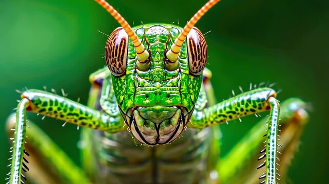 Grasshopper macro: A close-up view of a vibrant green grasshopper, its intricate details and prominent eyes set against a blurred verdant background. Perfect for entomology and nature themes.