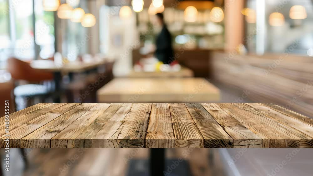 Aufkleber rustic tabletop in a cafe: a weathered wooden tabletop in sharp focus dominates the foreground, invi