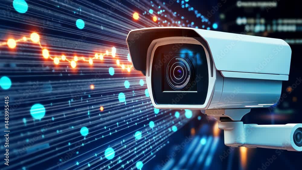 Poster digital sentinel: a vigilant security camera poised against a mesmerizing backdrop of digital data s