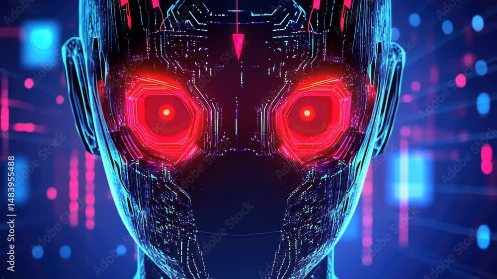 Poster futuristic tech gaze: a close-up depiction of a futuristic, humanoid robot head. intricate circuit p