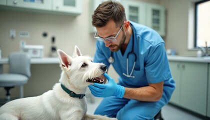 Male vet in blue scrubs examines teeth of West Highland White Terrier in clinic. Doctor checks dog oral health during a checkup. Pet care, healthcare, dental examination.