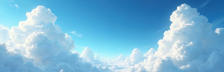 Illustration of fluffy white clouds against clear azure sky. Cloudscape with dramatic puffy clouds. Ideal for backgrounds, sky, nature, weather, travel, freedom, and relaxation themes.