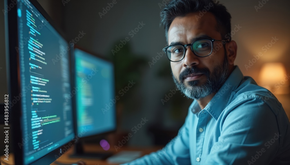 Poster indian man wearing glasses focused on coding screen. programmer, developer working, creating softwar