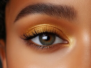 Fototapeta premium Close-up of a womans eyes with metallic gold eyeshadow, extreme macro