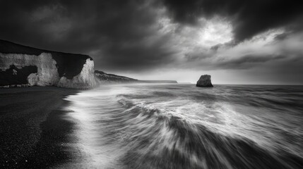 Dramatic Seascape: Coastal Cliffs and Solitary Rock Under a Stormy Sky