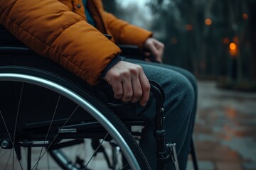 Obraz premium Close-up of hand on wheelchair wheel, strength and independence