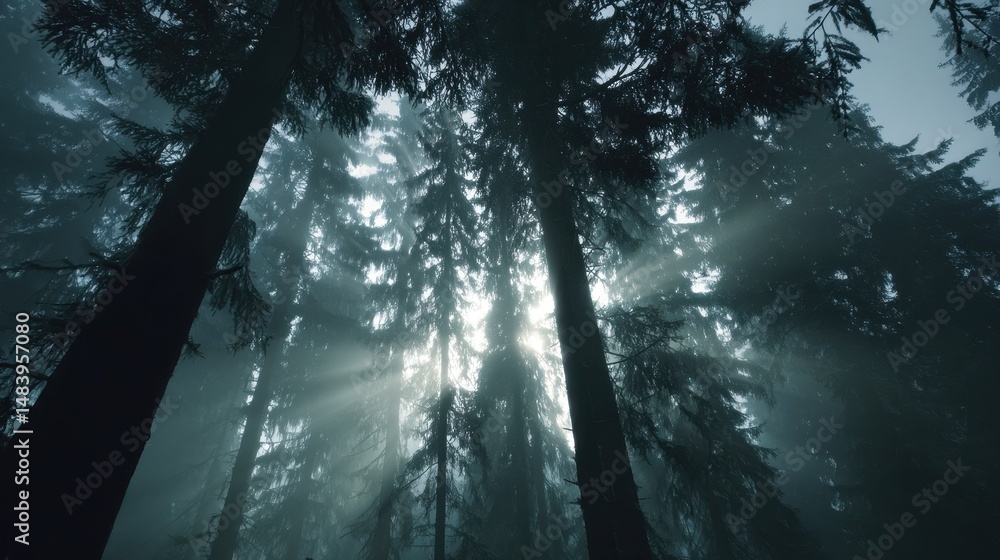 Poster ethereal light streaming through tall trees in a misty forest creating a mystical atmosphere of natu