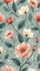 Illustration with floral seamless pattern. Pink peach flowers, white flower buds, dark green leaves, stems on pastel green background. Decorative design element for fabric print, textile, wallpaper,