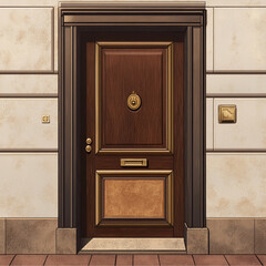 A single double-panelled wooden door, finished in a dark brown hue