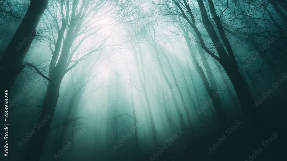 Poster misty forest landscape with sunlight filtering through trees, creating a mysterious and enigmatic at