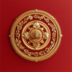 Obraz premium A ceiling decorated with gold and deep red features intricate, symmetrical patterns of scrolling leaves, roses, and floral designs as its centerpiece.