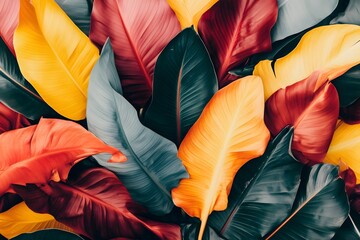 Vibrant Tropical Leaves Background, Autumn Colors,  Exotic Foliage Texture