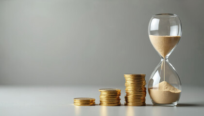 Conceptual image representing time money. Hourglass, coin stacks symbolize investment growth wealth. Business finance concept for presentations web design social media. Illustrates planning, future,