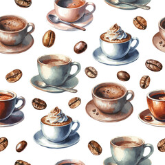 Seamless Vector watercollor painted pattern with coffee cups and beans
