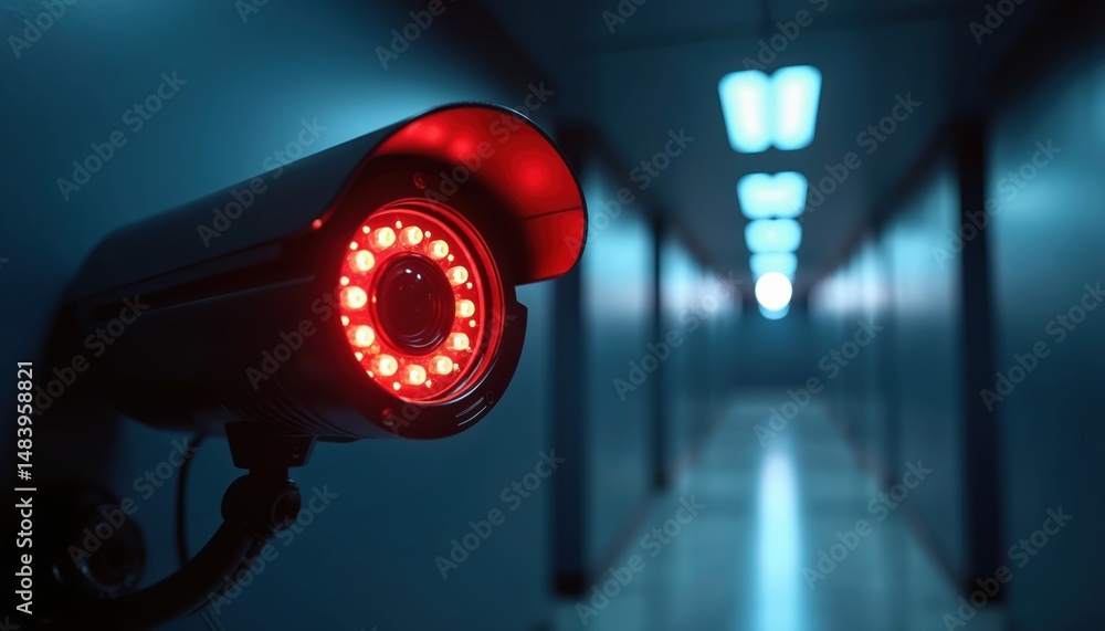 Poster security camera in dark corridor with red illumination. surveillance tech, cctv monitoring, data pro