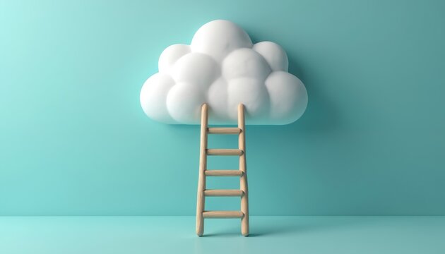 3D illustration shows ladder leading up to cloud on blue background. Concept of success achievement. Representing career growth, dream, freedom, aspiration. Symbol of challenge and reaching goals.