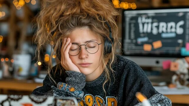 Tired student napping on desk. Tired young woman with curly hair sleeping at desk for student burnout themes, remote work, or mental health campaigns &ndash; cozy warm tones and indoor bokeh lights
