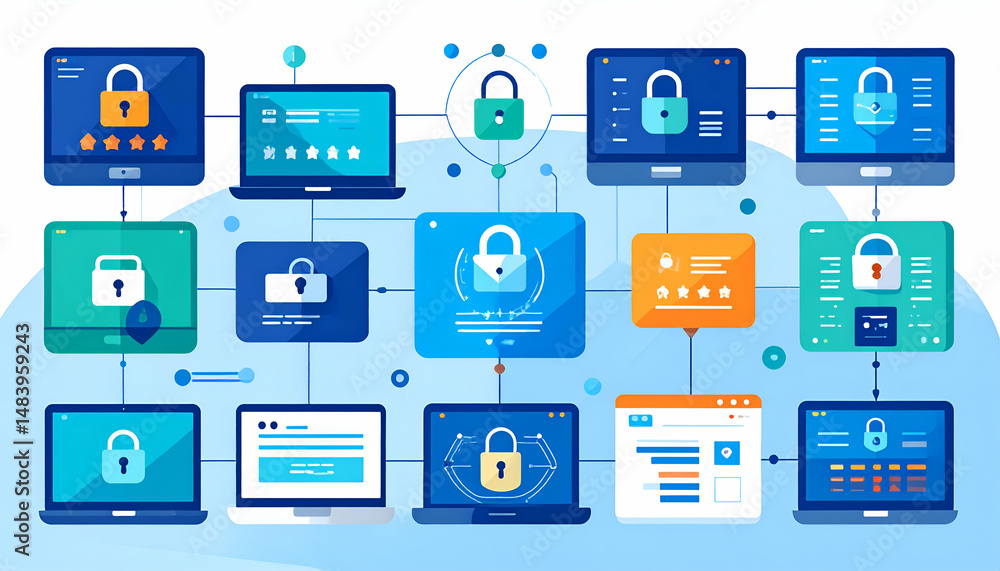 Poster Network security system visualized with interconnected devices and locked data