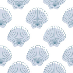 Beige seamless pattern of with blue shells and outlines