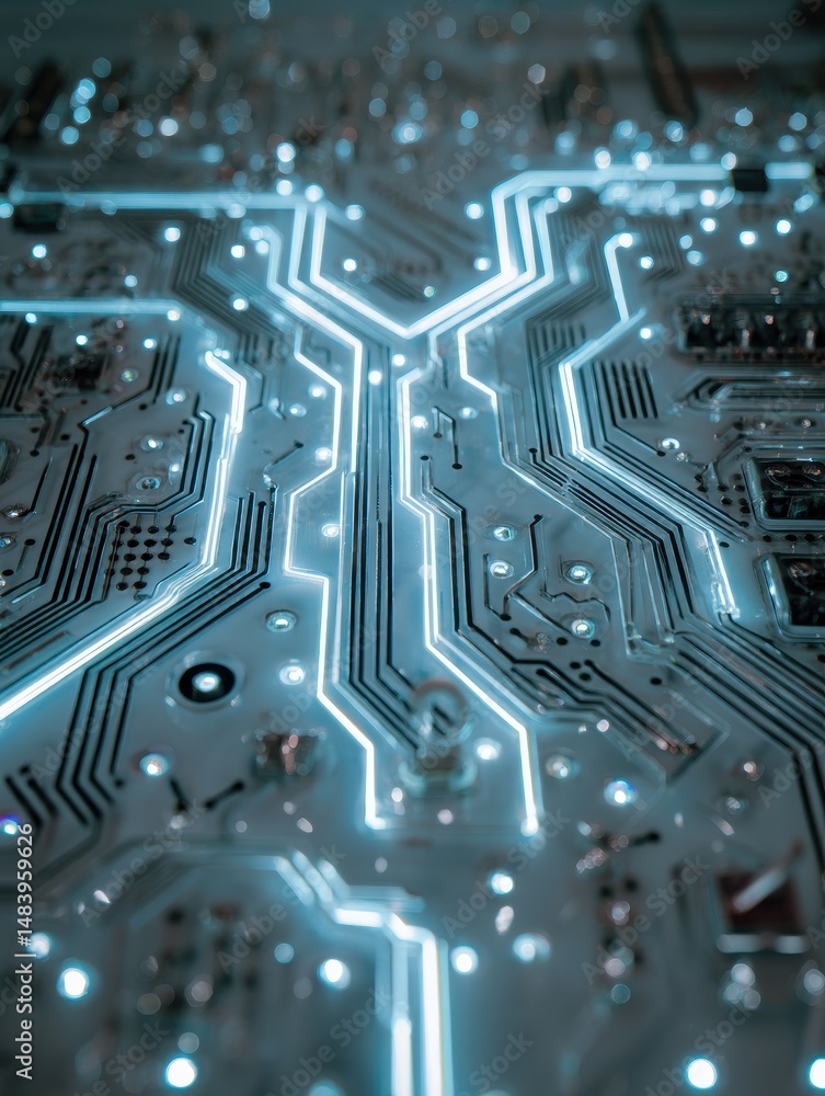 Poster close-up view of a futuristic circuit board with glowing lines and intricate patterns for technology