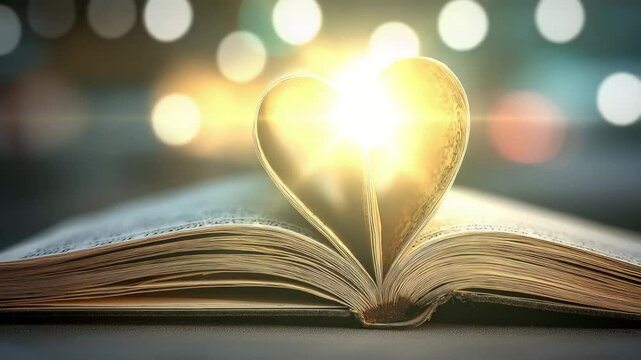 Book pages folded into heart shape glowing with golden light for love-themed content, literature promotions, or Valentine&rsquo;s Day greeting videos in soft warm tones and romantic ambiance