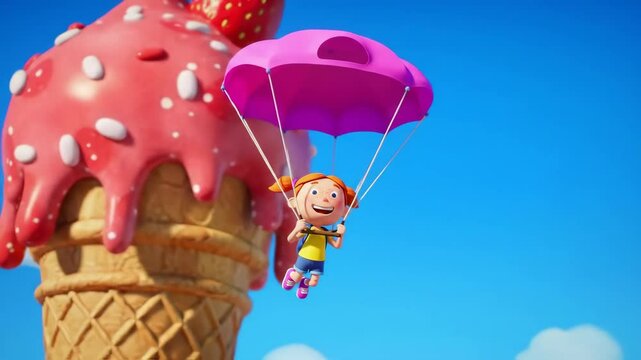 Animated redhead girl with freckles descends with pink parachute from giant strawberry ice cream cone against blue sky. Fun summer adventure and sweets concept