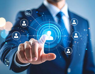 Man interacts with a digital interface showing a network of people, highlighting connection and data management