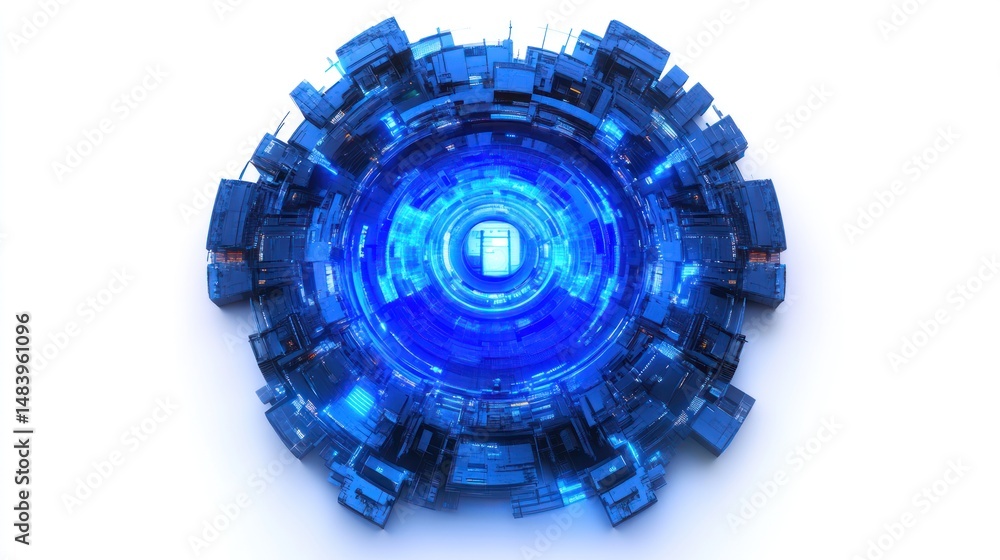 Poster technological gateway: a captivating futuristic design, with a luminescent core, representing the ne