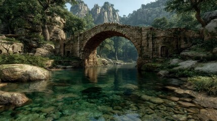 Serene Natural Landscape with Ancient Stone Arch Over Crystal Clear Water