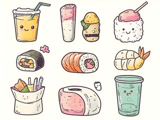 Cute kawaii sushi and drinks vector illustration set

