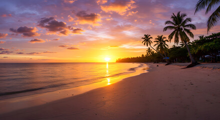 Fototapeta premium Peaceful tropical landscapes at sunset: golden beaches, isolated shores, sunlit waterfalls, and mountains meeting the sea. Calm, warm, and serene—pure summer magic.