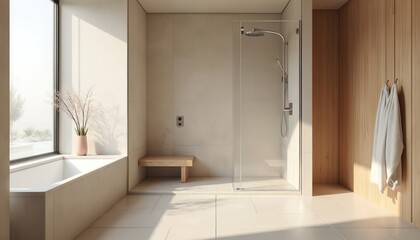 Modern minimalist bathroom design. Walk in shower, natural materials. Clean lines with subdued colors create a sense of calm. Sunlight illuminates the interior. Spa-like retreat, home decor.