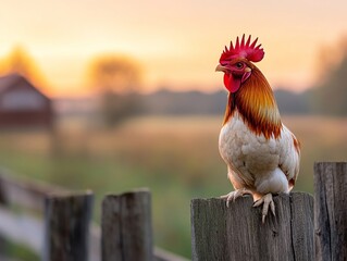Fototapeta premium Colorful rooster with iridescent feathers crowing at sunrise, soft golden light behind a wooden coop