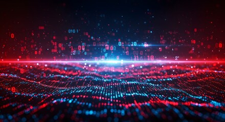 Abstract digital landscape with glowing binary code and vibrant red and blue color scheme design