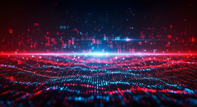 Abstract digital landscape with glowing binary code and vibrant red and blue color scheme design